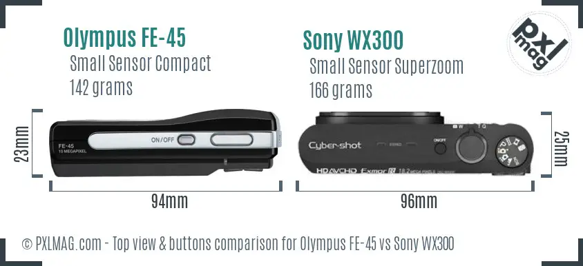 Olympus FE-45 vs Sony WX300 top view buttons comparison