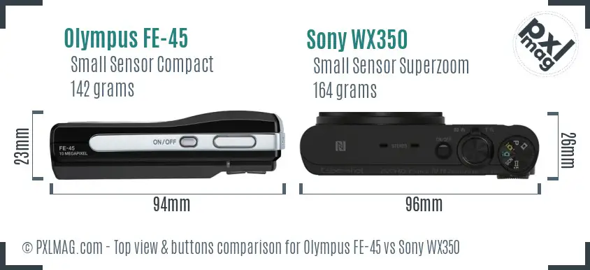 Olympus FE-45 vs Sony WX350 top view buttons comparison