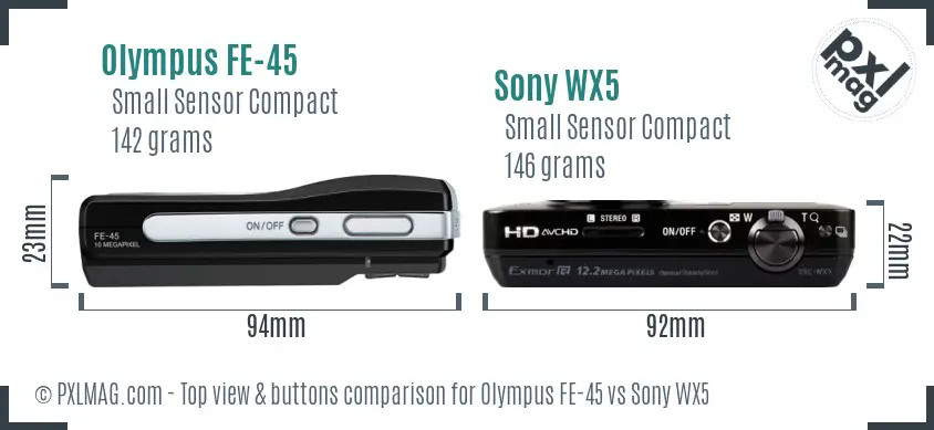 Olympus FE-45 vs Sony WX5 top view buttons comparison