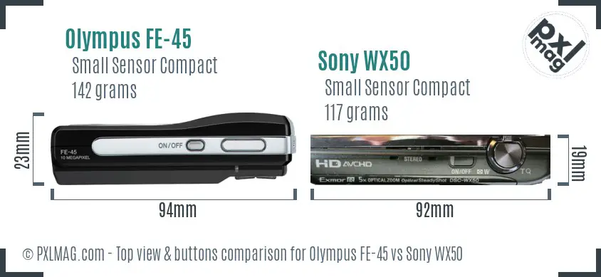 Olympus FE-45 vs Sony WX50 top view buttons comparison