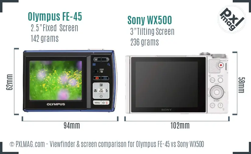 Olympus FE-45 vs Sony WX500 Screen and Viewfinder comparison