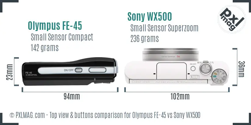 Olympus FE-45 vs Sony WX500 top view buttons comparison