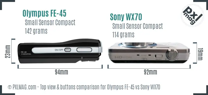 Olympus FE-45 vs Sony WX70 top view buttons comparison