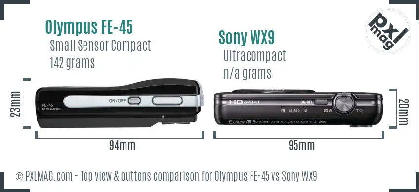 Olympus FE-45 vs Sony WX9 top view buttons comparison