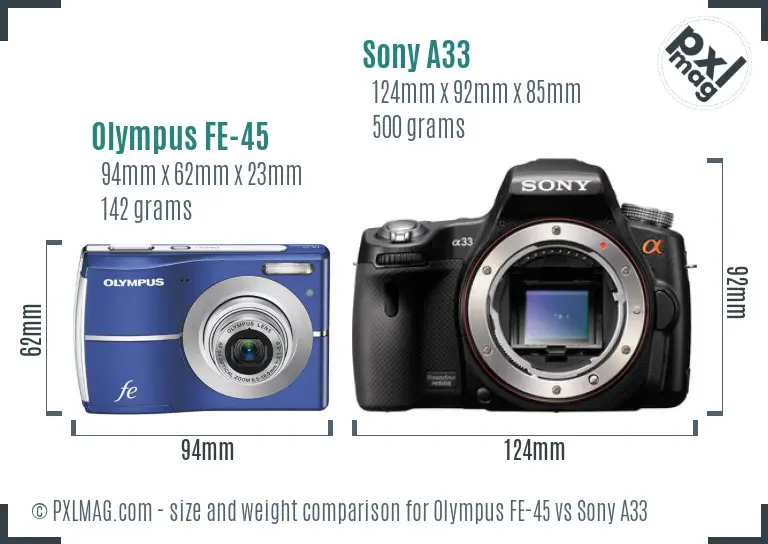 Olympus FE-45 vs Sony A33 size comparison