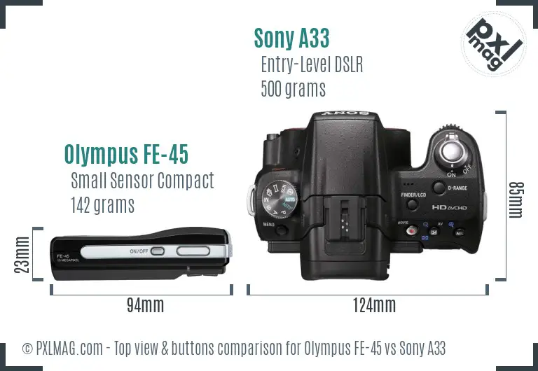 Olympus FE-45 vs Sony A33 top view buttons comparison