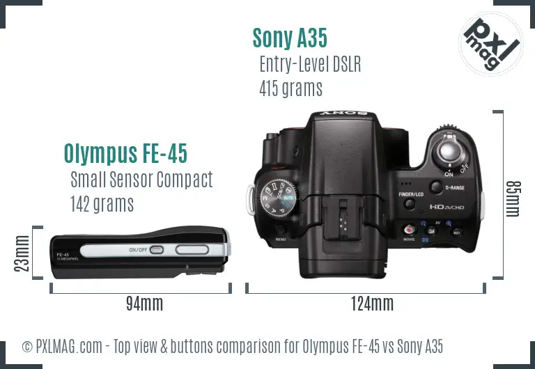 Olympus FE-45 vs Sony A35 top view buttons comparison