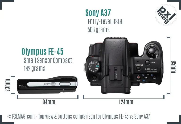 Olympus FE-45 vs Sony A37 top view buttons comparison