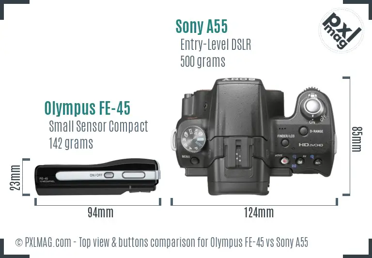 Olympus FE-45 vs Sony A55 top view buttons comparison