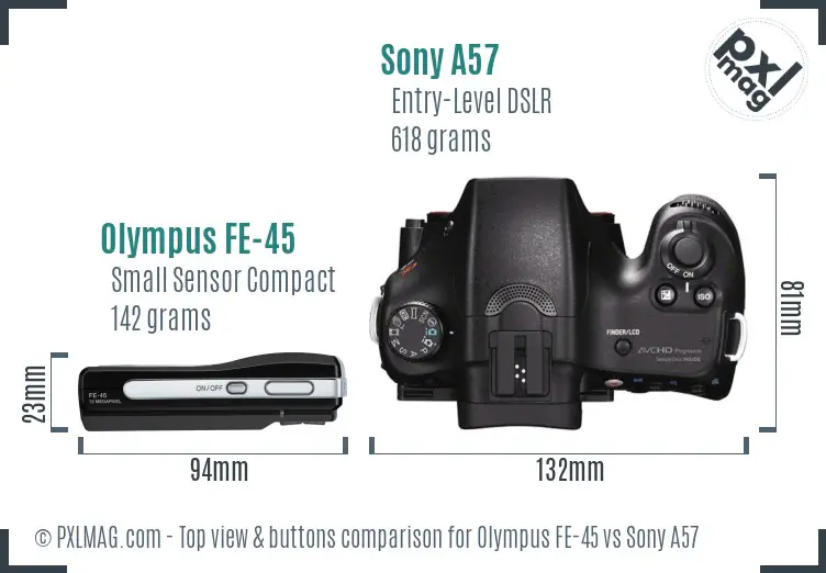 Olympus FE-45 vs Sony A57 top view buttons comparison