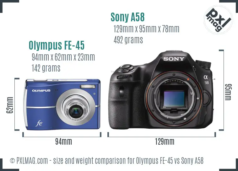 Olympus FE-45 vs Sony A58 size comparison