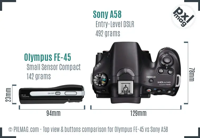 Olympus FE-45 vs Sony A58 top view buttons comparison