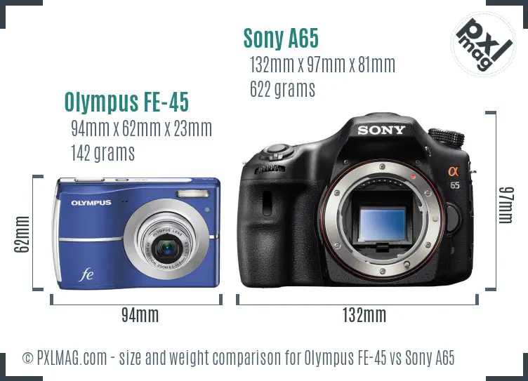 Olympus FE-45 vs Sony A65 size comparison