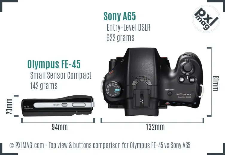 Olympus FE-45 vs Sony A65 top view buttons comparison