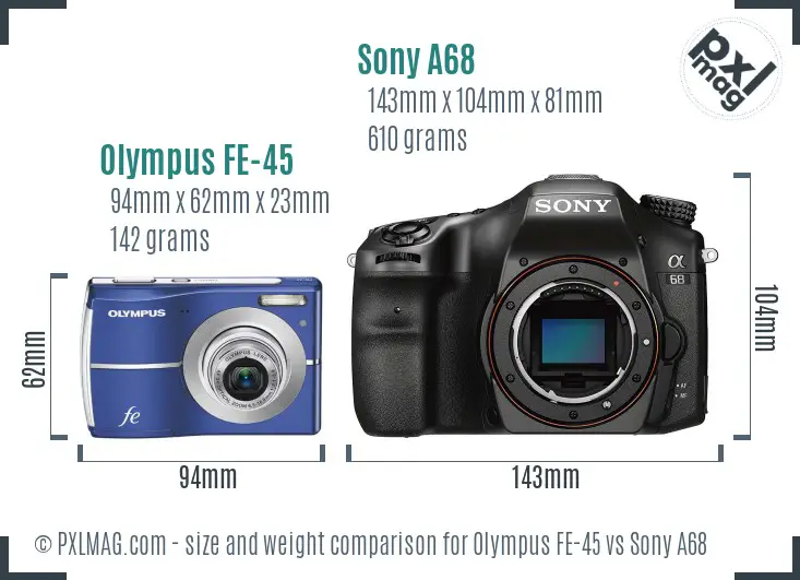 Olympus FE-45 vs Sony A68 size comparison