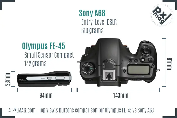 Olympus FE-45 vs Sony A68 top view buttons comparison