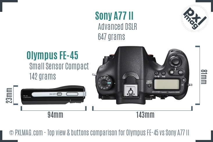 Olympus FE-45 vs Sony A77 II top view buttons comparison