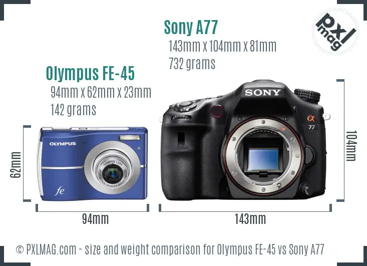 Olympus FE-45 vs Sony A77 size comparison