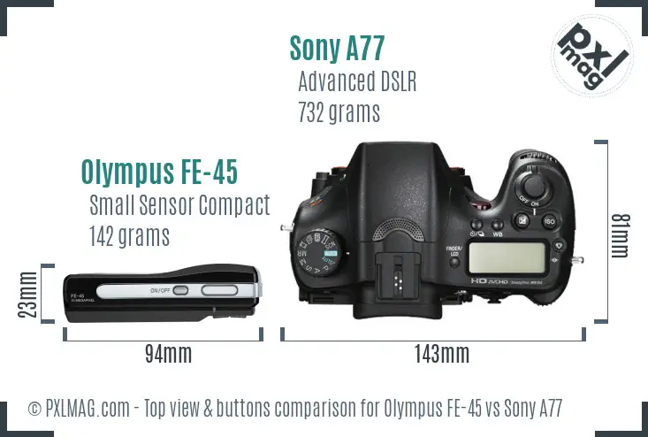 Olympus FE-45 vs Sony A77 top view buttons comparison