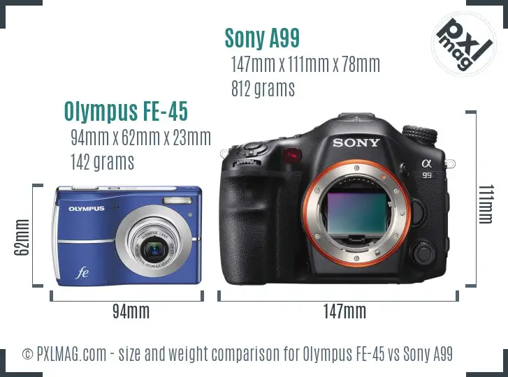 Olympus FE-45 vs Sony A99 size comparison