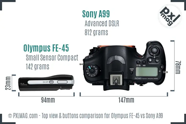 Olympus FE-45 vs Sony A99 top view buttons comparison