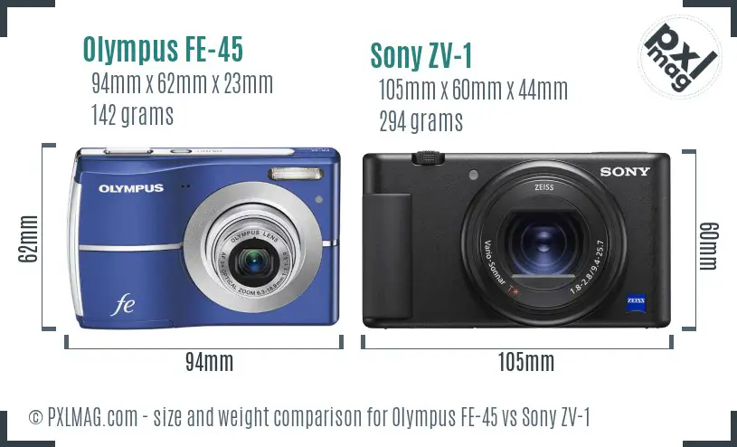 Olympus FE-45 vs Sony ZV-1 size comparison