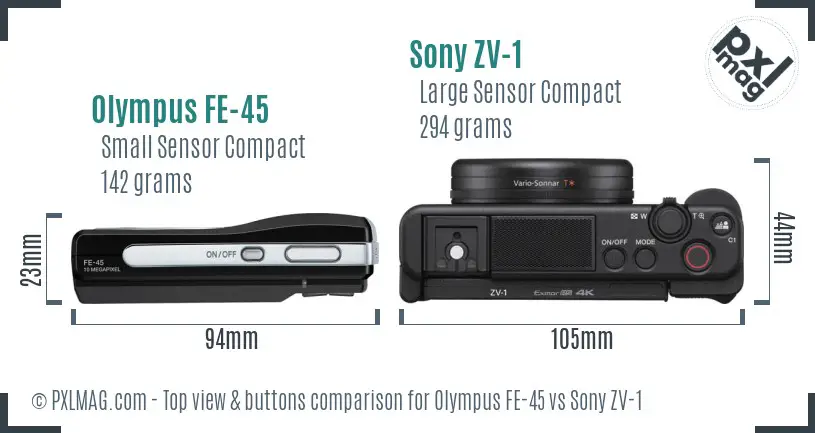 Olympus FE-45 vs Sony ZV-1 top view buttons comparison