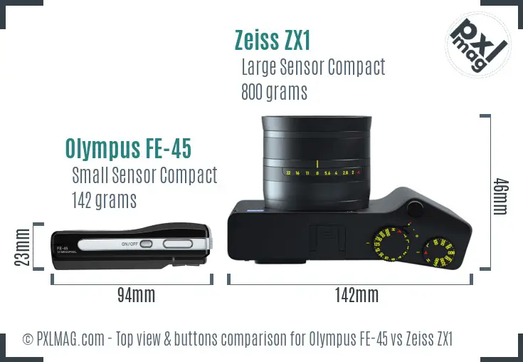 Olympus FE-45 vs Zeiss ZX1 top view buttons comparison