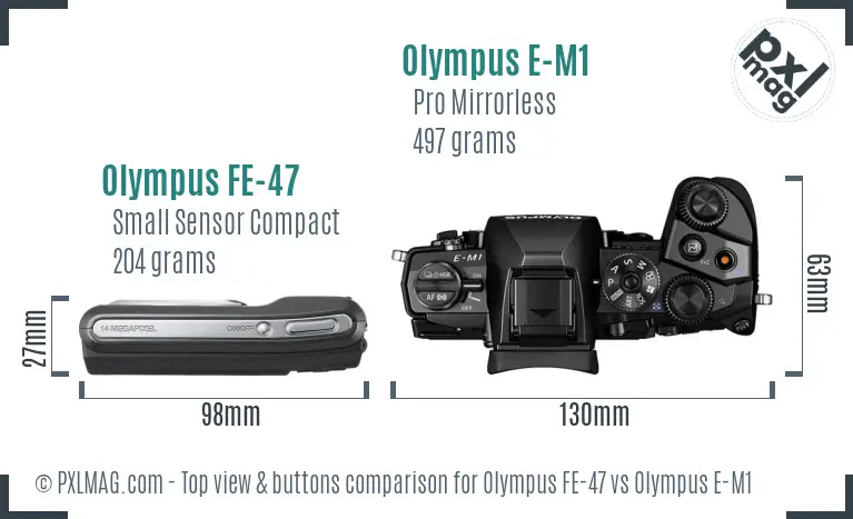 Olympus FE-47 vs Olympus E-M1 top view buttons comparison