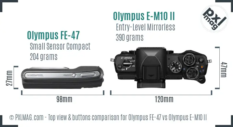 Olympus FE-47 vs Olympus E-M10 II top view buttons comparison