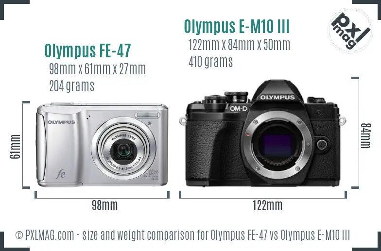 Olympus FE-47 vs Olympus E-M10 III size comparison