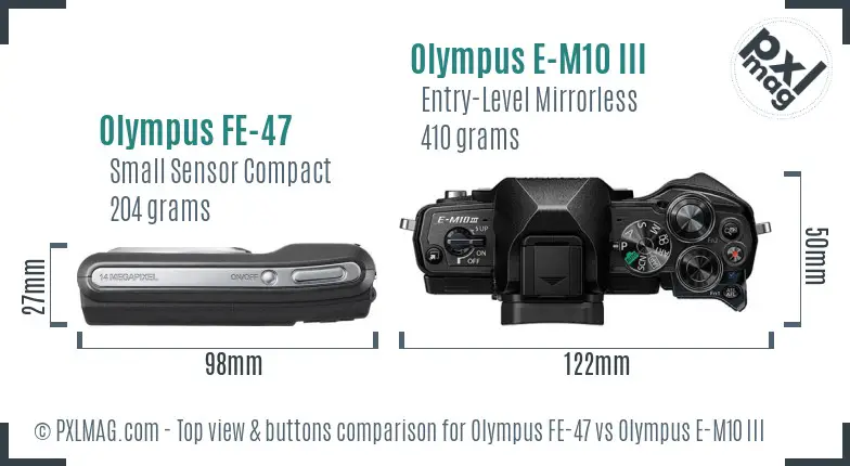 Olympus FE-47 vs Olympus E-M10 III top view buttons comparison