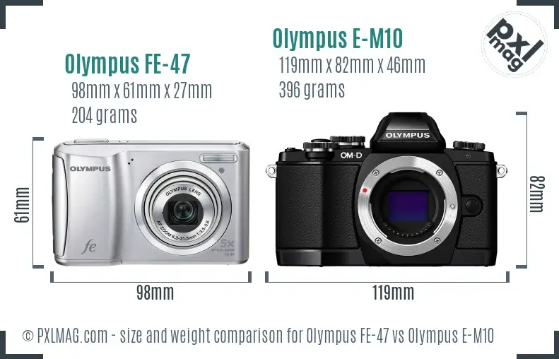Olympus FE-47 vs Olympus E-M10 size comparison