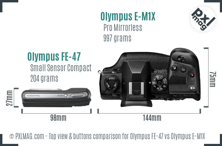 Olympus FE-47 vs Olympus E-M1X top view buttons comparison