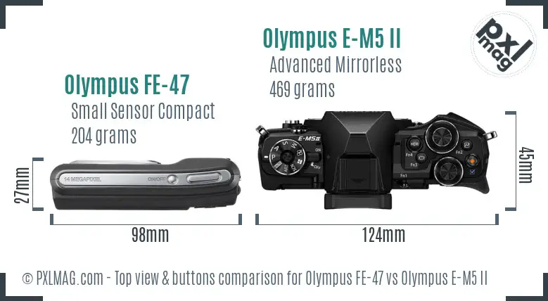 Olympus FE-47 vs Olympus E-M5 II top view buttons comparison