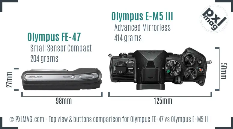Olympus FE-47 vs Olympus E-M5 III top view buttons comparison