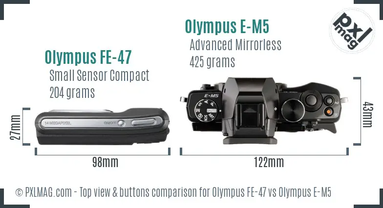 Olympus FE-47 vs Olympus E-M5 top view buttons comparison
