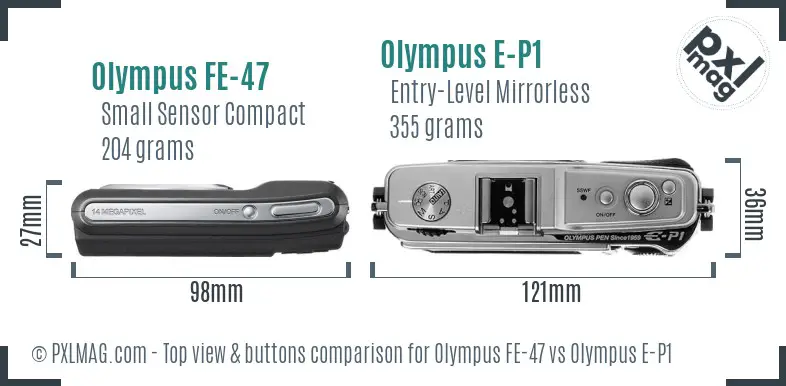 Olympus FE-47 vs Olympus E-P1 top view buttons comparison