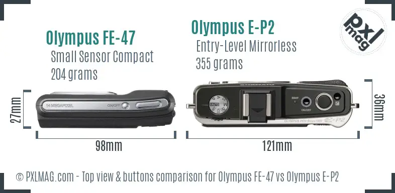 Olympus FE-47 vs Olympus E-P2 top view buttons comparison