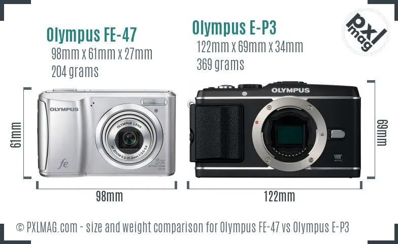Olympus FE-47 vs Olympus E-P3 size comparison