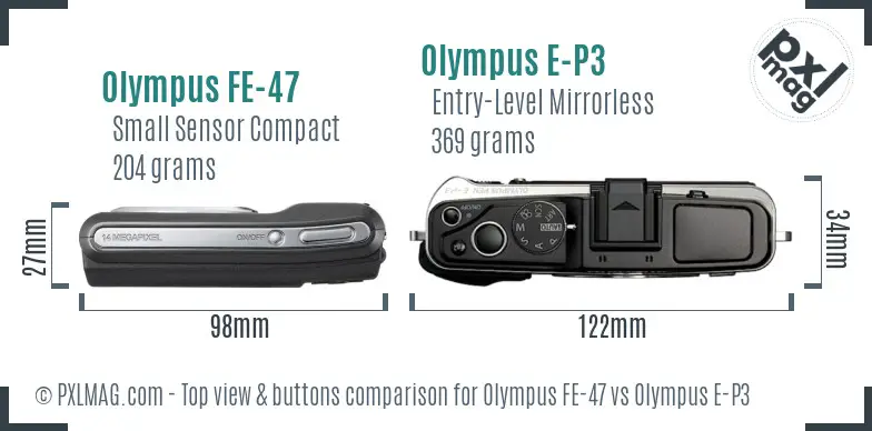 Olympus FE-47 vs Olympus E-P3 top view buttons comparison