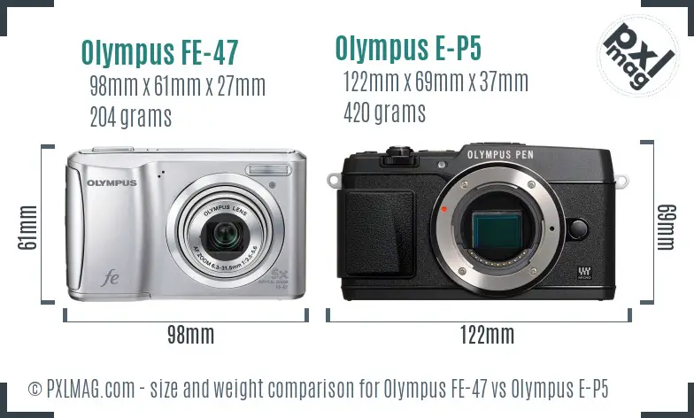 Olympus FE-47 vs Olympus E-P5 size comparison