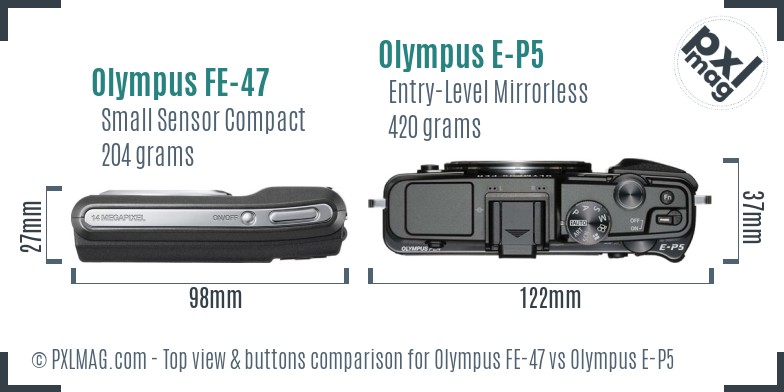 Olympus FE-47 vs Olympus E-P5 top view buttons comparison