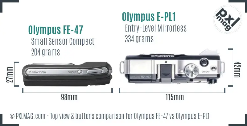 Olympus FE-47 vs Olympus E-PL1 top view buttons comparison