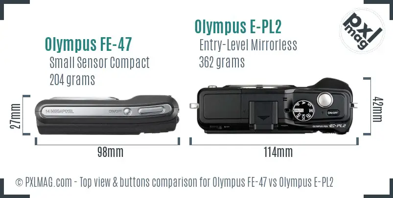 Olympus FE-47 vs Olympus E-PL2 top view buttons comparison