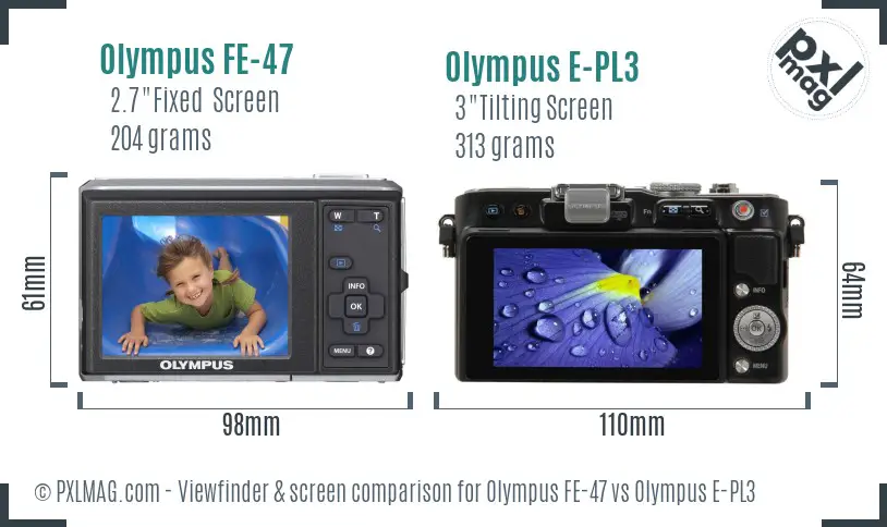 Olympus FE-47 vs Olympus E-PL3 Screen and Viewfinder comparison