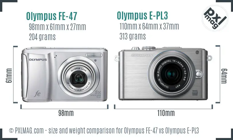 Olympus FE-47 vs Olympus E-PL3 size comparison