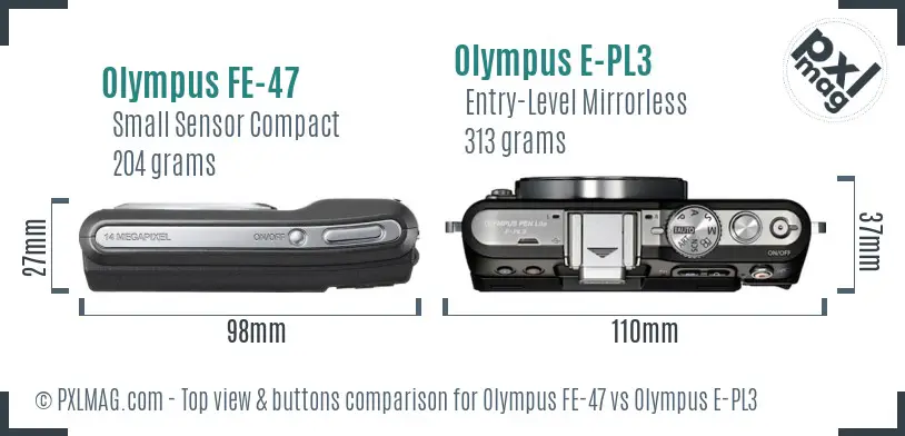 Olympus FE-47 vs Olympus E-PL3 top view buttons comparison