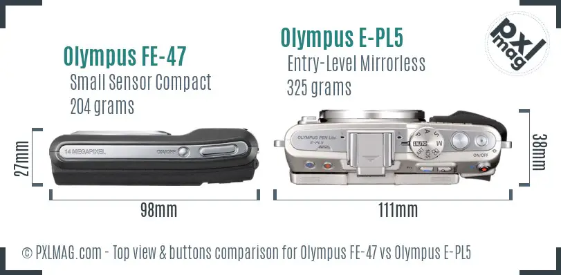 Olympus FE-47 vs Olympus E-PL5 top view buttons comparison