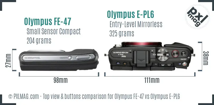 Olympus FE-47 vs Olympus E-PL6 top view buttons comparison